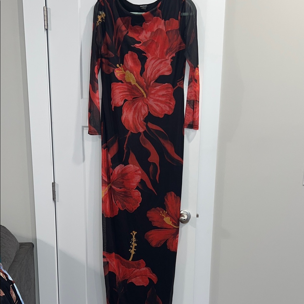 Boohoo Black Dress with Red Floral Design